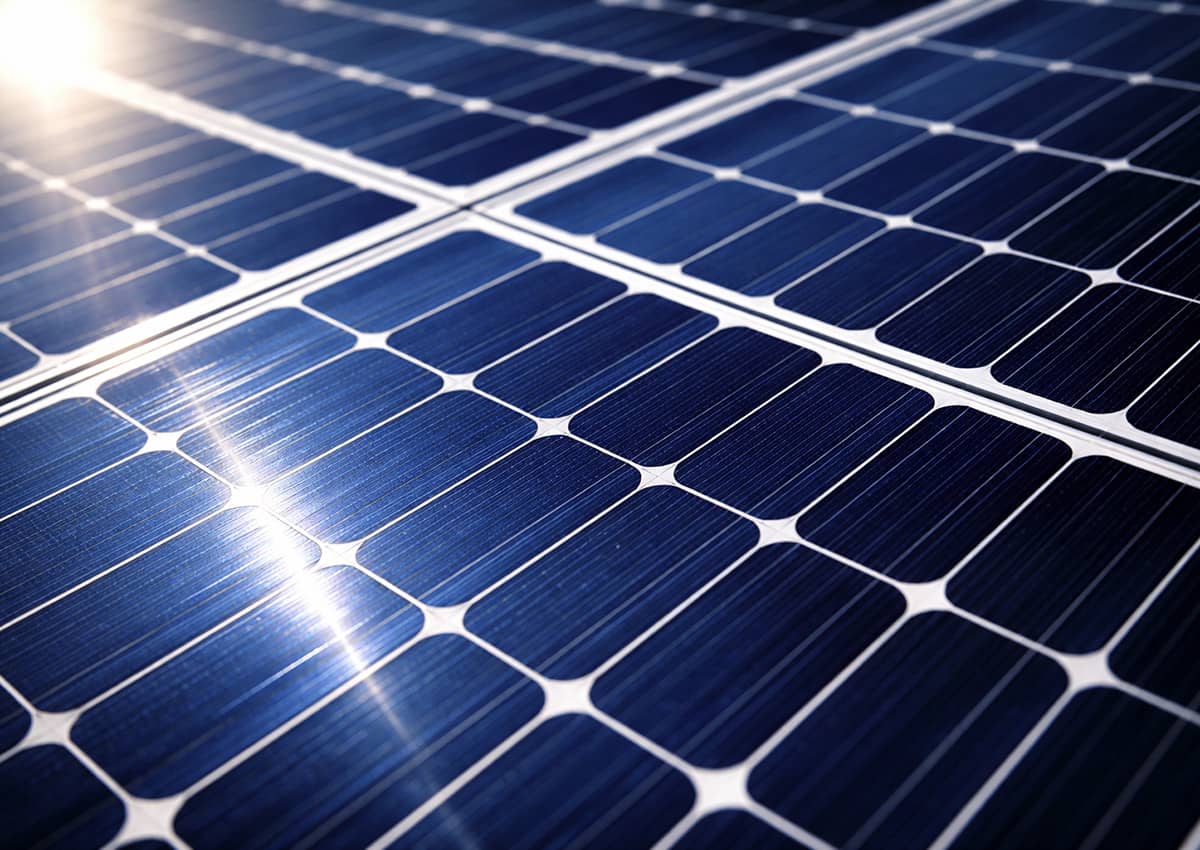 Close-up view of blue solar photovoltaic panels with white aluminum frame dividers and bright sunlight reflections